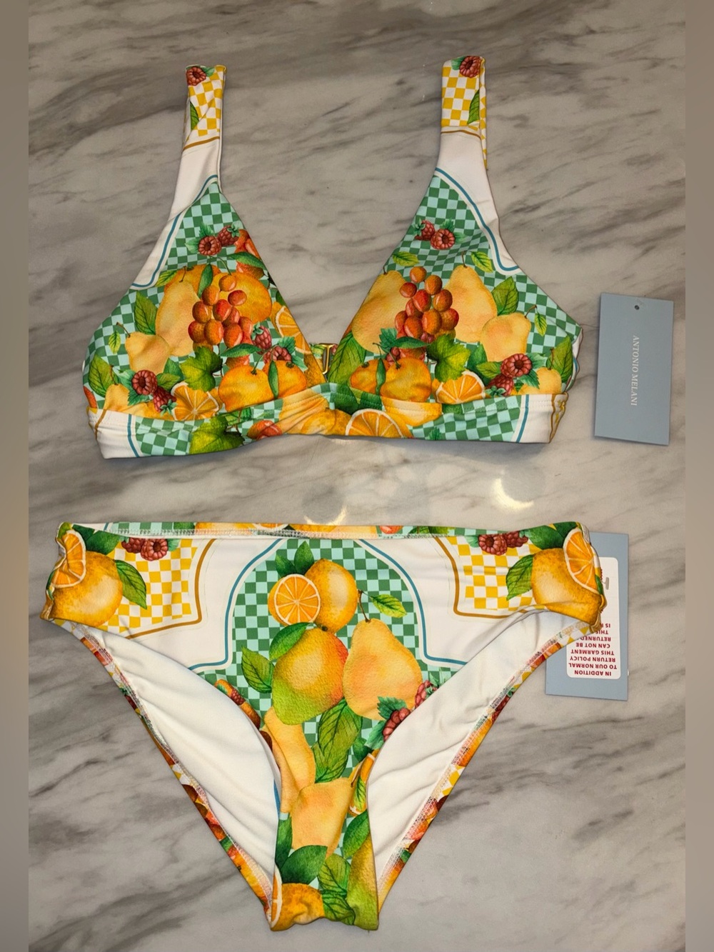 NWT Antonio Melani Fruit Print Bikini Set Checkered Two Piece Swimsuit Small